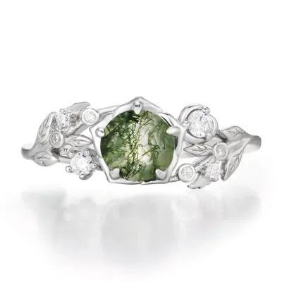 AZURA JEWELRY NEW YORK WOMEN'S SILVER / GREEN CEDAR WISP MOSS AGATE RING WHITE GOLD VERMEIL