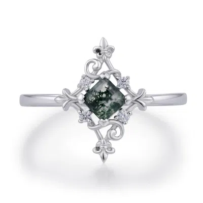 AZURA JEWELRY NEW YORK WOMEN'S SILVER VINE DIAMOND MOSS AGATE RING WHITE GOLD VERMEIL