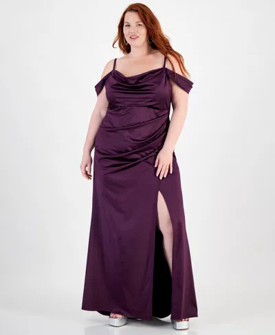 B DARLIN TRENDY PLUS SIZE OFF-THE-SHOULDER SATIN GOWN