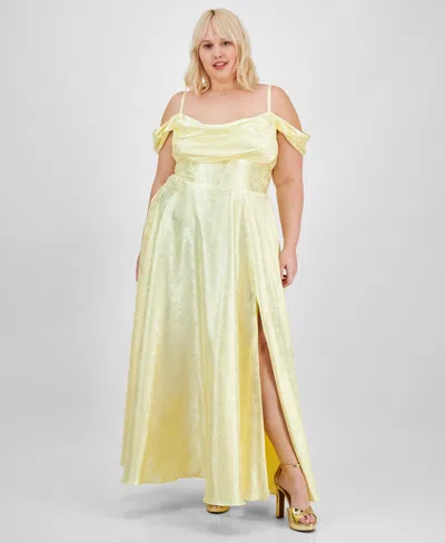 B DARLIN TRENDY PLUS SIZE OFF-THE-SHOULDER SATIN JACQUARD GOWN