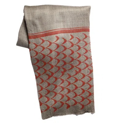 BABS BOUTIQUE NYC WOMEN'S NEUTRALS / ORANGE CASHMERE HAND BLOCK PRINTED SCARVES - BEIGE ORANGE SCALLOP DESIGN
