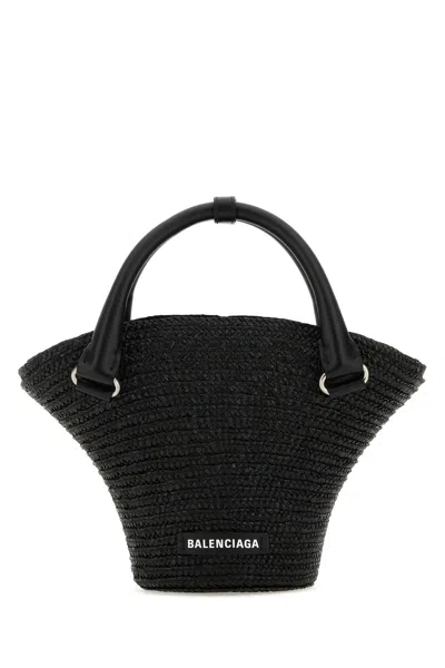 BALENCIAGA BLACK STRAW MINI BEACH HANDBAG