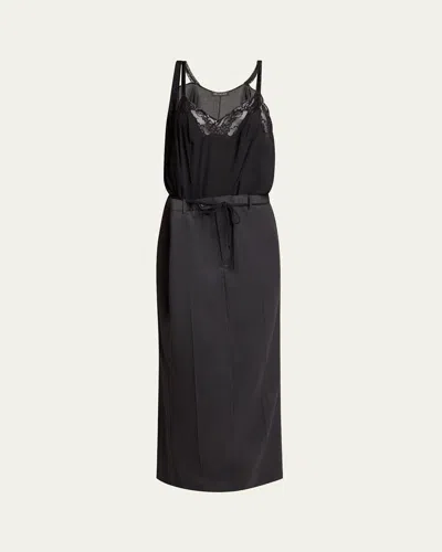 BALENCIAGA LONG HYBRID BELTED SLIP DRESS