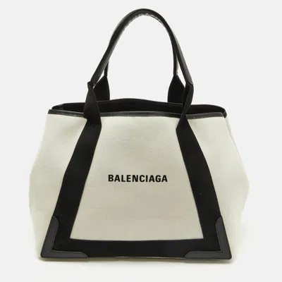 BALENCIAGA OFF WHITE/BLACK CANVAS AND LEATHER S NAVY CABAS TOTE
