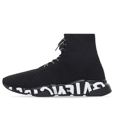 BALENCIAGA Balenciaga Speed Lace Up Sneakers 'Black Recycled Knit with Black and White Grafffiti Sole Unit'
