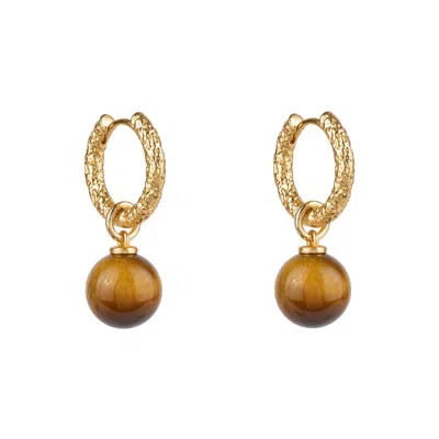 BALLINGER WOMEN'S BROWN / GOLD TIGER’S EYE DROP HOOPS EARRINGS: BROWN AND GOLD
