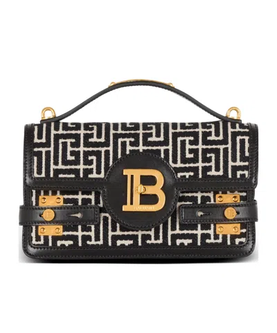 BALMAIN B-BUZZ SHOULDER 24 BAG IN CALFSKIN AND PB JACQUARD CANVAS