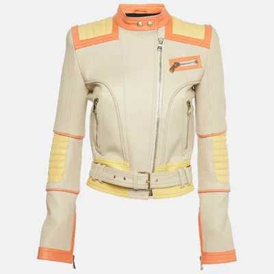 BALMAIN BEIGE LEATHER ZIP UP BIKER JACKET S