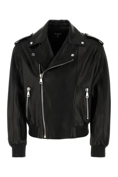 BALMAIN BLACK LEATHER BOMBER JACKET