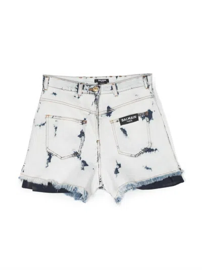 BALMAIN BLEACHED DENIM MINI SHORTS