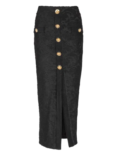 BALMAIN BUTTON-EMBELLISHED DAMASK SKIRT