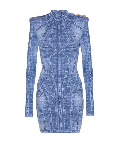 BALMAIN BALMAIN DENIM EFFECT SHORT JACQUARD KNIT DRESS