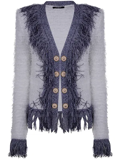 BALMAIN COLLARLESS GLITTERED FRINGED TWEED JKT