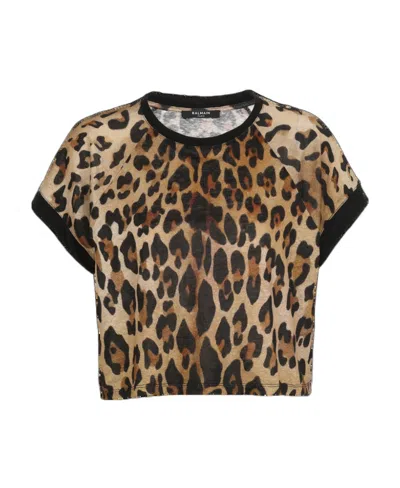 BALMAIN BALMAIN LEOPARD-PRINTED CREWNECK CROPPED T-SHIRT