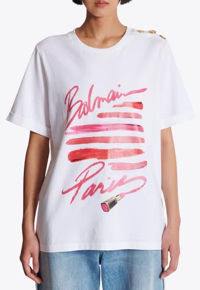 BALMAIN LIPSTICK PRINT LOGO T-SHIRT