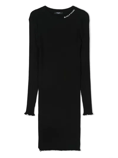 BALMAIN LOGO-JACQUARD RIBBED-KNIT DRESS