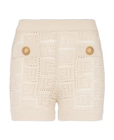 BALMAIN MONOGRAMMED OPENWORK KNIT MINI SHORTS