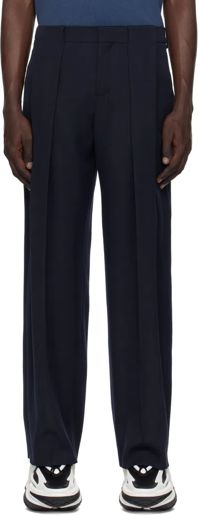 BALMAIN NAVY PLEATED GRAIN DE POUDRE TROUSERS