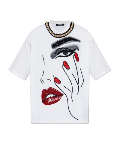 BALMAIN BALMAIN RED LIPS MOTIF CREWNECK T-SHIRT