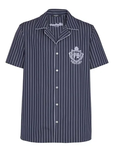 BALMAIN STRIPED EMBROIDERED PAJAMA SHIRT