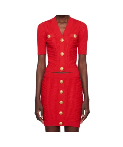 BALMAIN SHORT-SLEEVE TWO POCKETS BUTTONED KNIT CROP CARDIGAN