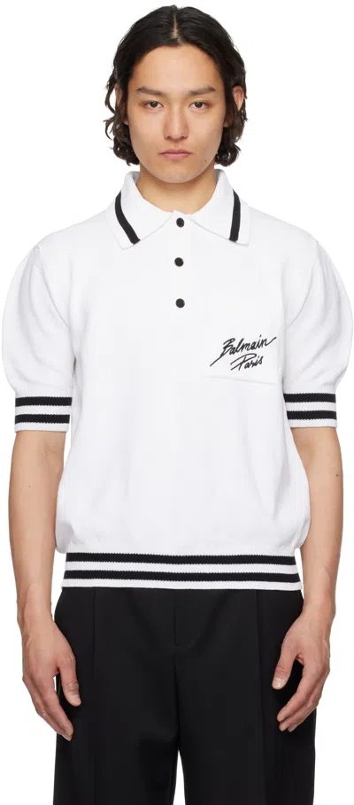 BALMAIN WHITE LOGO COTTON KNIT POLO