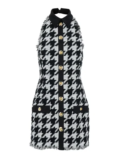 BALMAIN BALMAIN WOMEN BLACK AND WHITE HALTERNECK MINI DRESS WITH HOUNDSTOOTH MOTIF IN TWEED AND SATIN WOMAN