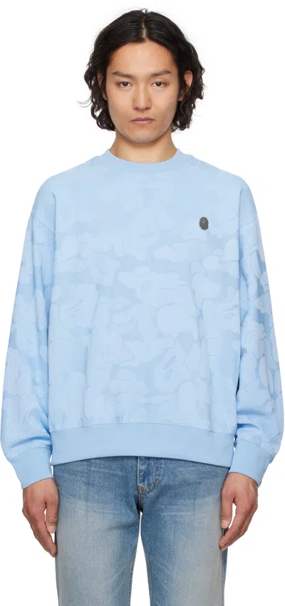 BAPE BLUE SOLID CAMO JACQUARD ONE POINT CREWNECK SWEATSHIRT