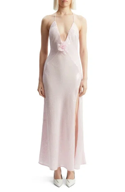 BARDOT BARDOT ARADIA ROSETTE SEQUIN PLUNGE HALTER GOWN