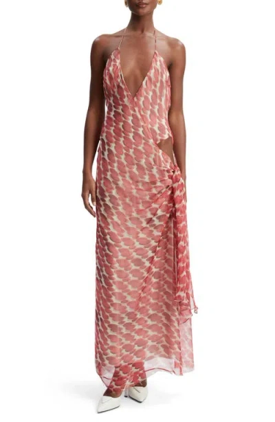 BARDOT BARDOT CYREL PRINT PLUNGE HALTER CHIFFON MAXI DRESS