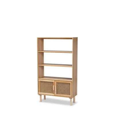 BAXTON STUDIO FAULKNER MID-CENTURY MODERN NATURAL BROWN FINISHED WOOD AND RATTAN 2-DOOR BOOKCASE