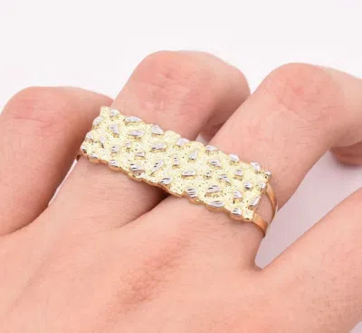 BAYAM MEN'S RECTANGULAR NUGGET DIAMOND CUT TWO FINGER RING REAL 10K YELLOW WHITE GOLD