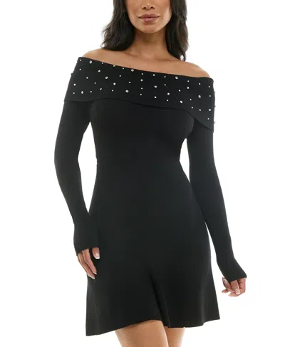 BCX JUNIORS' EMBELLISHED OFF-THE-SHOULDER SWEATER DRESS