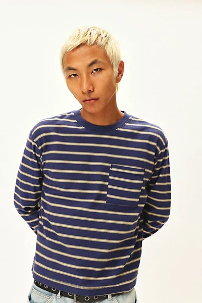 BDG BONFIRE STRIPE CROPPED LONG SLEEVE POCKET TEE IN DARK BLUE, MEN'S AT URBAN OUTFITTERS