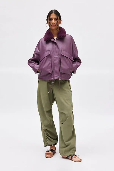 BDG BRANDI FAUX FUR COLLAR BOMBER JACKET IN PURPLE, WOMEN'S AT URBAN OUTFITTERS