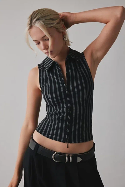 BDG LEDIA COLLARED ZIP-FRONT VEST TOP JACKET IN BLACK STRIPE, WOMEN'S AT URBAN OUTFITTERS