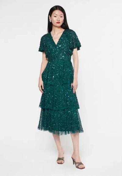 BEAUUT BEAUUT OCCASION EMBELLISHED SEQUIN BEADED SHORT SLEEVES EVENING MIDI DRESS
