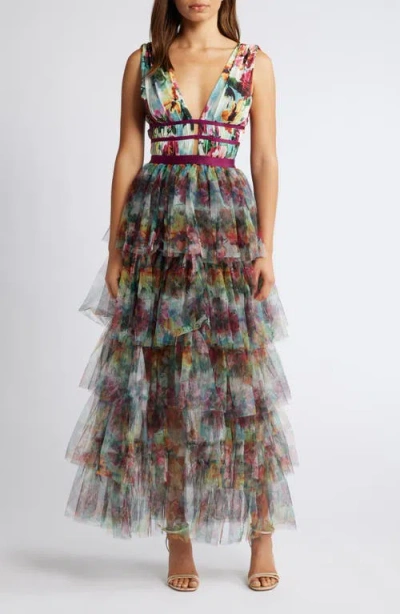 BEBE BEBE FLORAL PRINT TIERED MESH GOWN