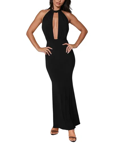 BEBE BEBE PLUNGE NECK HALTER FLOOR LENGTH DRESS