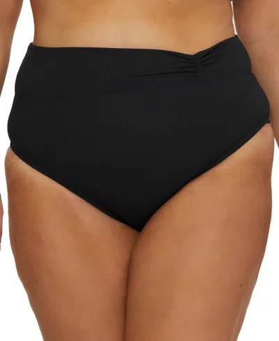 BECCA ETC PLUS SIZE MODERN EDGE RIB SHIRRED HIGH-WAIST BIKINI BOTTOMS