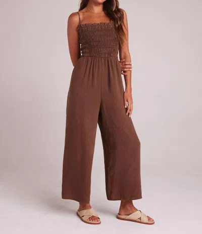 BELLA DAHL WIDE LEG SMOCKED RUFFLE JUMPSUIT IN BOTANICAL BROWN