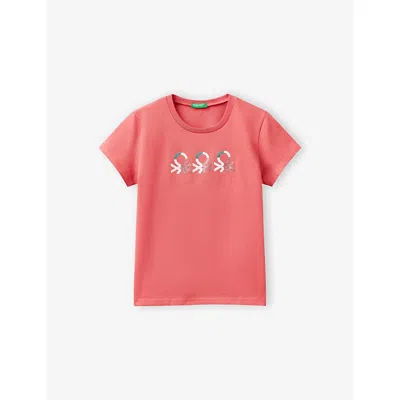 BENETTON CYCLAMEN GLITTER-LOGO SHORT-SLEEVE COTTON-JERSEY T-SHIRT 6-14