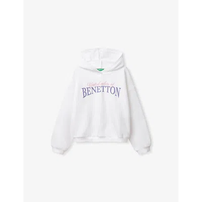 BENETTON OPTICAL WHITE LOGO-PRINT RELAXED-FIT COTTON HOODY 6-14