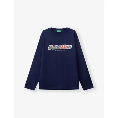 BENETTON NIGHT BLUE LOGO-PRINT LONG-SLEEVE COTTON-JERSEY T-SHIRT 6-14