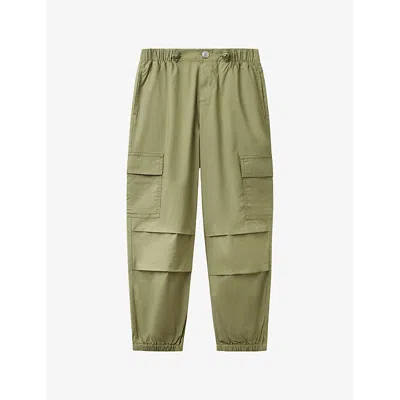 BENETTON OLIVE GREEN PATCH-POCKET RELAXED-FIT COTTON CARGO TROUSERS 6-14