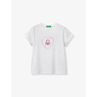 BENETTON OPTICAL WHITE GLITTER-LOGO SHORT-SLEEVE COTTON-JERSEY T-SHIRT 18 MONTHS - 6 YEAR
