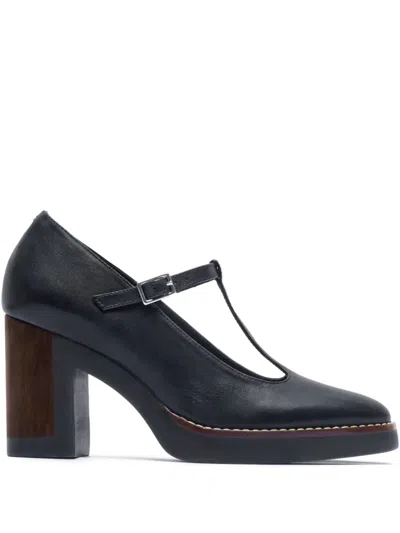 BERNARDO 95MM T-STRAP BLOCK-HEEL PUMPS