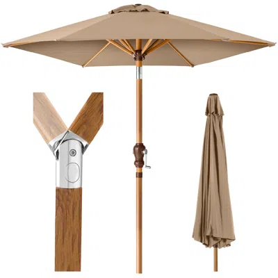 BEST CHOICE PRODUCTS 10FT OUTDOOR WOODGRAIN PATTERN STEEL MARKET PATIO UMBRELLA W/ CRANK, TILT - TAN
