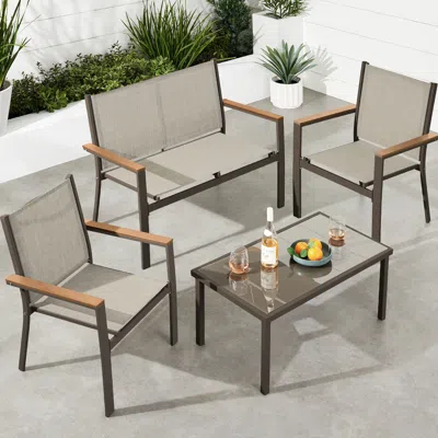 BEST CHOICE PRODUCTS 4-PIECE OUTDOOR TEXTILENE PATIO CONVERSATION FURNITURE SET W/ LOVESEAT, TABLE