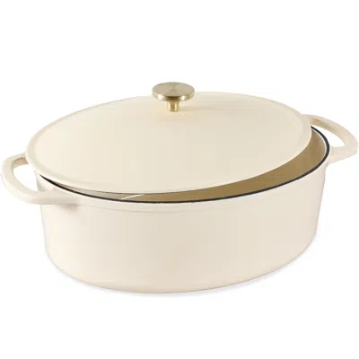 BEST CHOICE PRODUCTS OVAL 7.5 QUART CAST-IRON DUTCH OVEN, HEAVY-DUTY W/ ENAMEL, SIDE HANDLES - VANILLA BUTTERCREAM